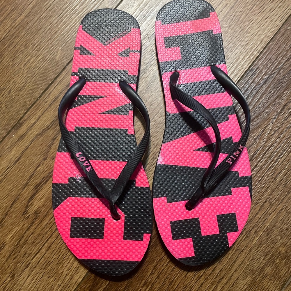 PINK Victoria's Secret Logo Black and Hot Pink Flip Flops